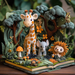 Obraz premium A handcrafted pop-up book with a miniature jungle scene. Plush animals like a giraffe, lion cub, elephant, and tiny creatures emerge from fabric pages, set in a cozy, earthy jungle environment.
