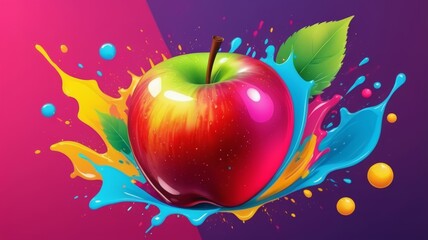 A vibrant apple surrounded by colorful splashes and green leaves, creating a lively and artistic visual.