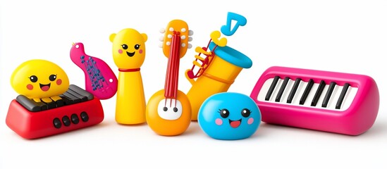 Obraz premium Colorful toy instruments on white; keyboard, sax, ukulele; music education