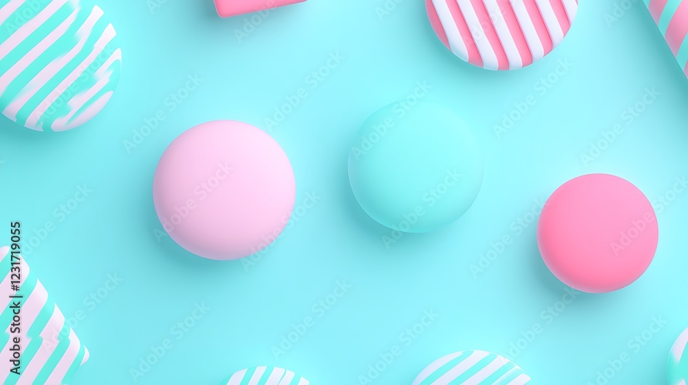 Poster colorful round shapes on a soft blue background with striped patterns and solid colors for creative 