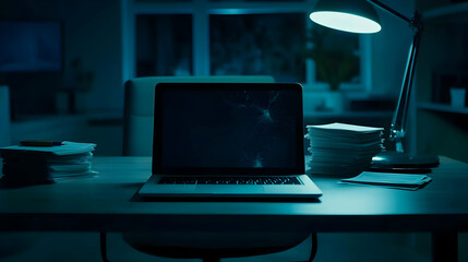 Cracked laptop screen, late night work, office