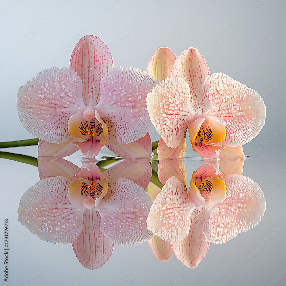Poster delicate pink orchids with intricate details and reflections on smooth surface create serene and ele