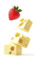 A delicious strawberry floats above a stack of three Swiss cheese cubes on a white background
