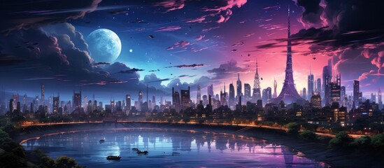 Futuristic city nightscape, waterfront, moonlit sky, flying objects, wallpaper