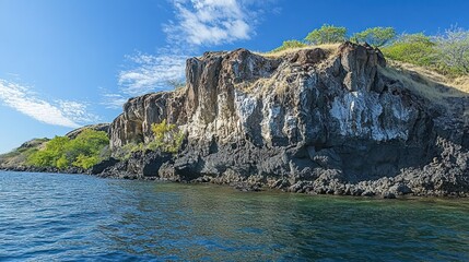 Fototapeta premium Coastal volcanic cliff, ocean view, sunny day, island vegetation, travel brochure