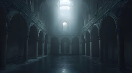 Fototapeta premium Ancient hall, sunlit, stone arches, misty air, mystery