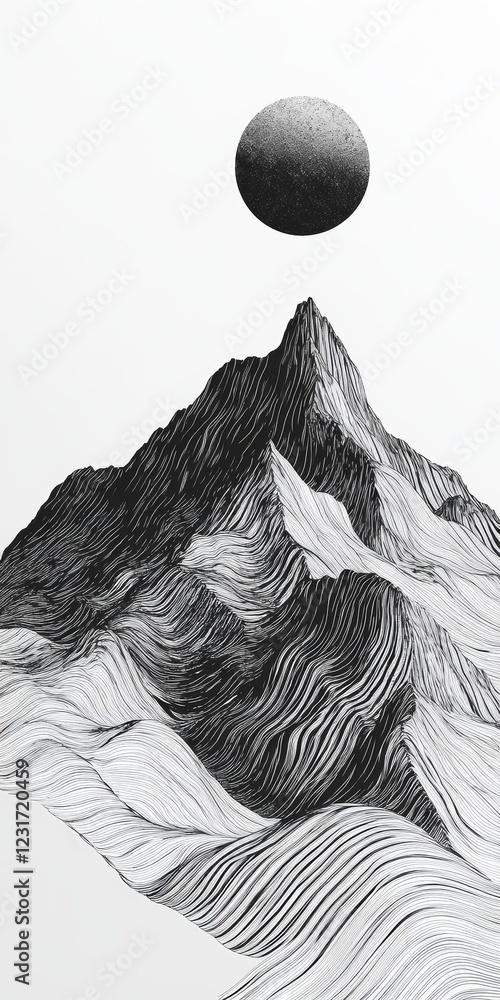 Poster a mountain with a large black and white drawing of a moon on top. the mountain is covered in snow an