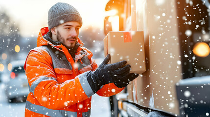 Photo. Winter Delivery Worker Loading Package onto Truck in Snowy Weather