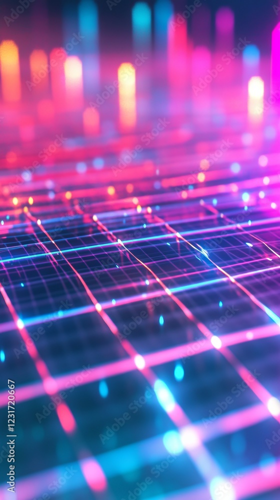 Poster futuristic neon grid with vibrant colors and abstract light patterns in a digital cyberpunk style