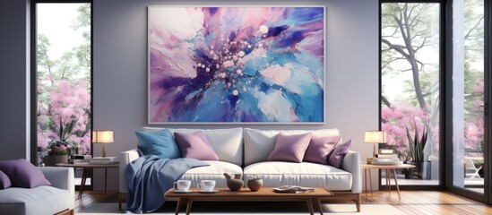 Abstract art above sofa, modern living room, spring garden view, home decor