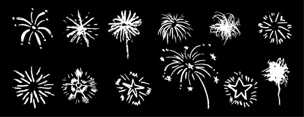 Fireworks cute pencil lines doodle elements for birthday, anniversary. Set of white color sketches in style of lightning, explosion, sun rays, firecrackers, sparkles, motion effects. Vector.