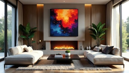 Sophisticated living room with fireplace and abstract art, space, interior