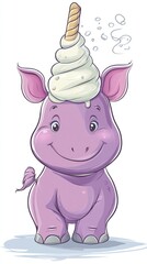 Happy hippo with ice cream cone, whimsical illustration, children's book