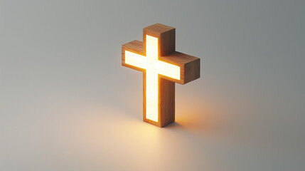 Obraz premium A minimalist wooden cross with a white ribbon against a soft gradient background, symbolizing the sacredness and purity of First Communion.
