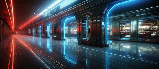 Futuristic train platform, neon lights, empty carriages, sci-fi setting