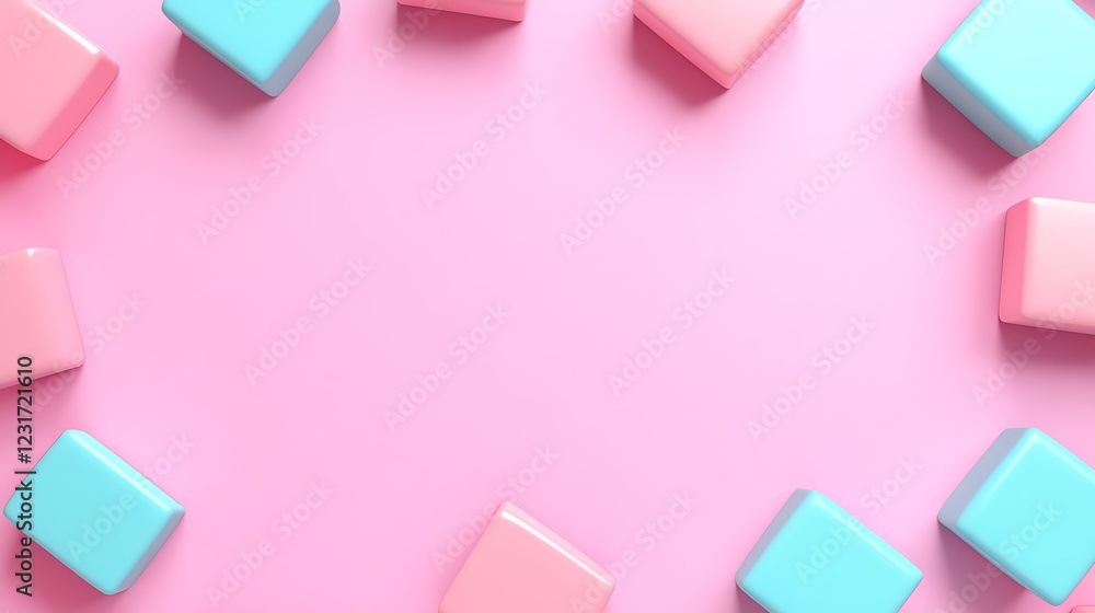 Poster colorful toy blocks arranged in a circular pattern on a pink background for creative and playful des