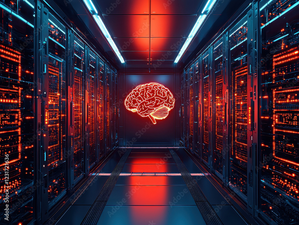 Poster surreal representation of a human brain merging with advanced technology, symbolizing the convergenc