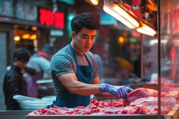 Young asian male butcher cutting meat at outdoor market stall