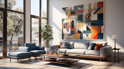 Modern living room, sunny, abstract art, large windows, home decor