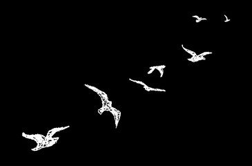 Silhouette of birds flying away. Shadow of flock of birds flying high in the sky drawn with wax pencil or pastel. Graphic element written with white charcoal pen. Vector illustration of simple bird