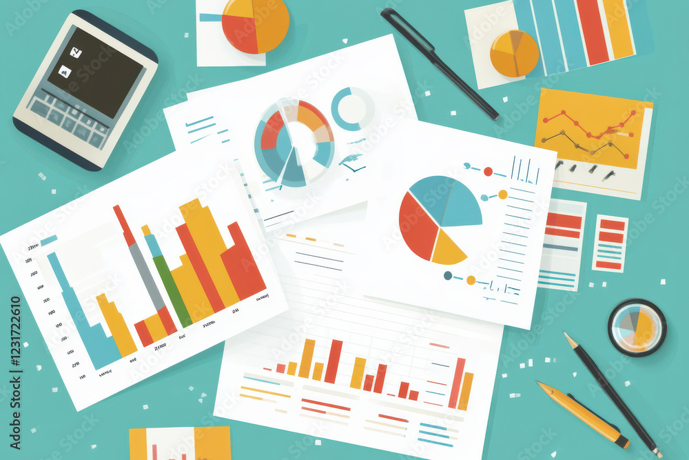 Poster quality assurance meeting with charts, graphs, and analysis tools. workspace features colorful data 