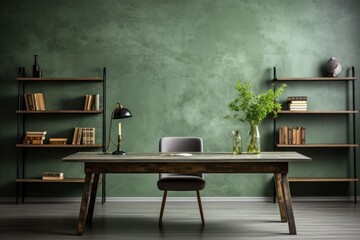 Rustic home office, green wall, bookshelves, desk, calm workspace