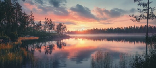 Fototapeta premium Tranquil lakeside at sunset with pink and orange hues reflecting on calm water surrounded by lush green forest creating a serene atmosphere