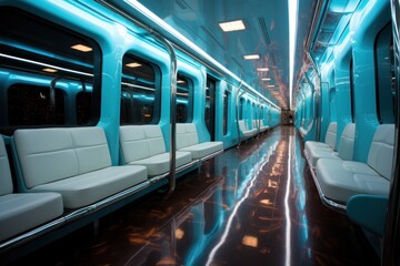 Modern subway car interior, empty seats, night city lights, sleek design, transit