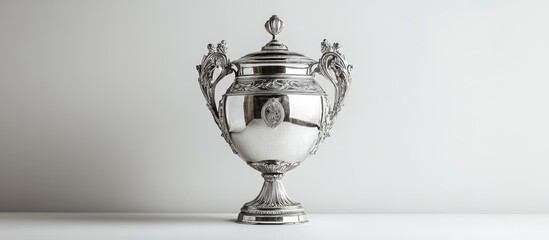 Elegant silver trophy prominently positioned in the center against a soft white background highlighting its intricate design and reflective surface.