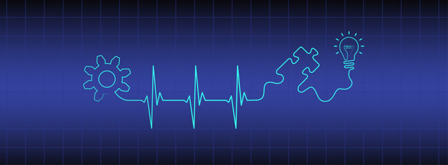 Blue medical monitor editable line heart rhythm illustration, puzzle piece, light bulb, gear vector to use for healthcare, business idea, healthy lifestyle, brainstorm concept illustration projects. 