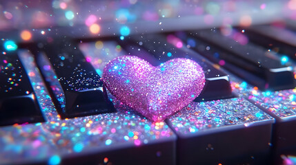 3D Illustration - Glittery Heart on Piano Keys, Music, Love, Romance