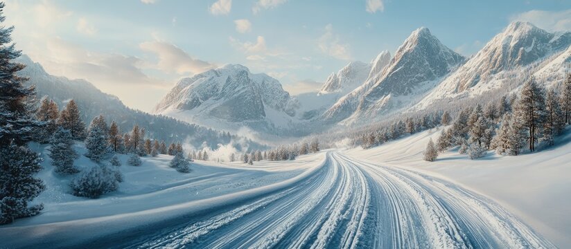 Serene snowy road winding through majestic mountains with distinct tire tracks against a backdrop of blue skies and soft white clouds.
