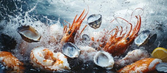 Vibrant seafood explosion with clams prawns and lemon splashes in dynamic colors against a moody ocean backdrop showcasing nature's bounty