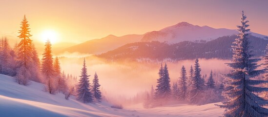 Serene alpine winter landscape at dawn with soft pink and orange hues illuminating fog and snow-covered mountains amidst evergreen trees