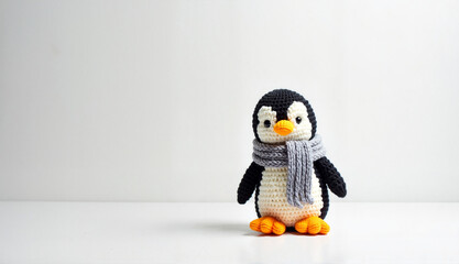 Crocheted penguin toy wearing a scarf standing cutely on a white background with copy space