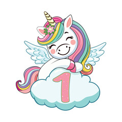 Cute humble unicorn with horn and wings hugs cloud with number 1 on white background. Poster, Banner, Flyer, Greeting Card. Vector illustration in flat cartoon style
