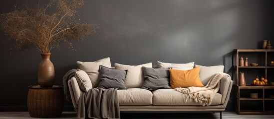 Cozy living room sofa, dark wall, dried flowers, shelf, home decor