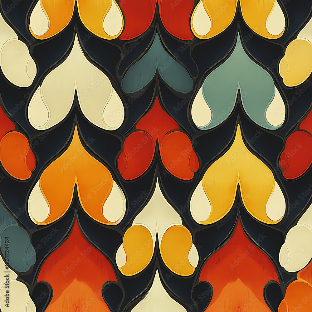 Poster geometric pattern featuring colorful heart shapes in orange, red, yellow, and teal on black backgrou