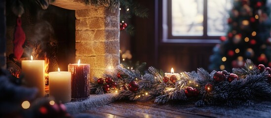 Cozy winter scene with flickering candles in warm shades of orange and cream beside a festive garland adorned with red berries and twinkling lights.