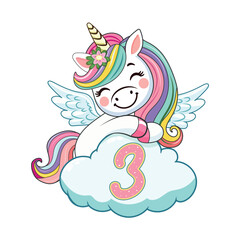 Cute humble unicorn with horn and wings hugs cloud with number 3 on white background. Poster, Banner, Flyer, Greeting Card. Vector illustration in flat cartoon style