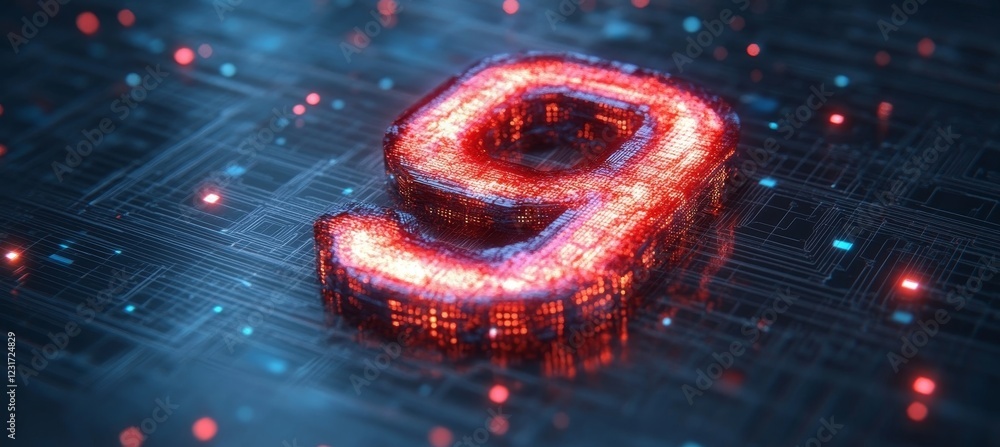 Poster glowing digital number 9 on a futuristic circuit board, symbolizing big data and technology.