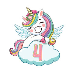 Cute humble unicorn with horn and wings hugs cloud with number 4 on white background. Poster, Banner, Flyer, Greeting Card. Vector illustration in flat cartoon style