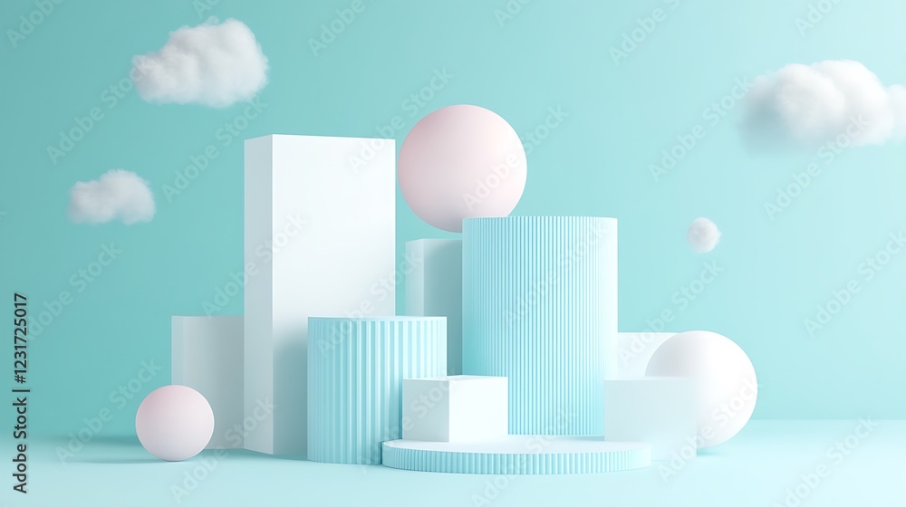 Poster minimalist 3d composition with geometric shapes and soft color palette on light blue background