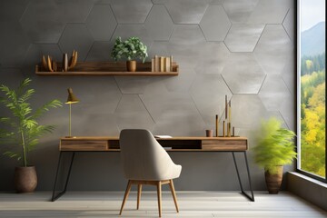 Modern home office, mountain view, desk chair, hexagon wall, peaceful workspace
