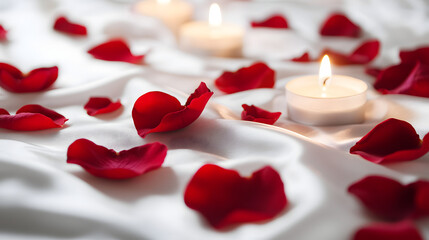 ? Heart-shaped rose petals scattered across a white satin surface with candles around them isolated on white background in HD