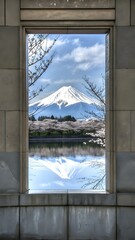 A perfect mirror image of Mount Fuji on a still lake, cherry blossoms framing the scene.
