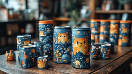 Custom art designs applied to a variety of products, including drinkware, clothing, and office accessories