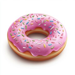 Pink frosted donut with colorful sprinkles on top, isolated on a clean white background