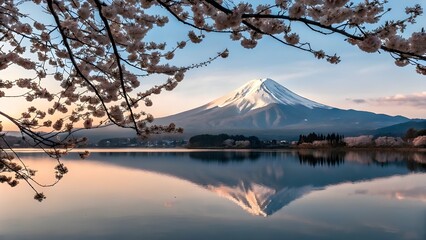 A perfect mirror image of Mount Fuji on a still lake, cherry blossoms framing the scene.
