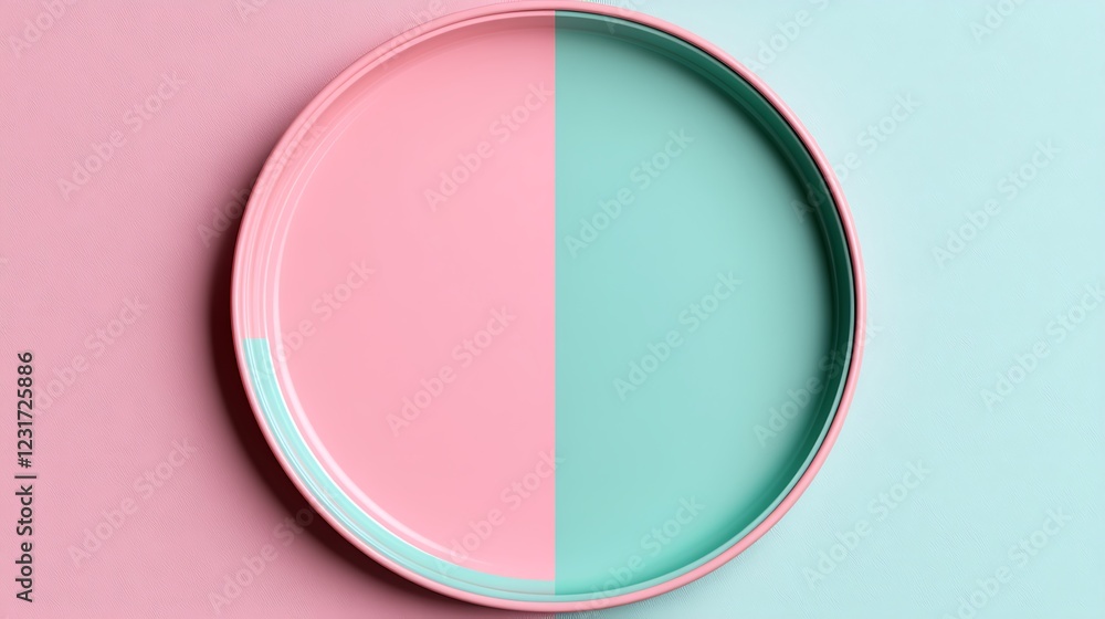 Poster Minimalistic Round Plate with a Color Split Design in Soft Pink and Light Blue on a Pastel Background